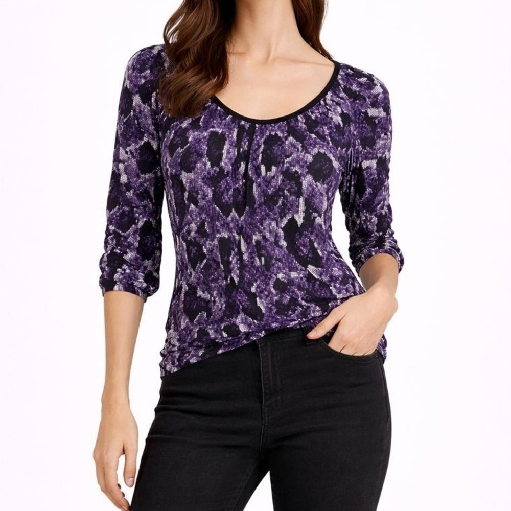 MICHAEL Michael Kors Purple Black White Mosaic Print 3/4 Sleeve Top Womens PS
